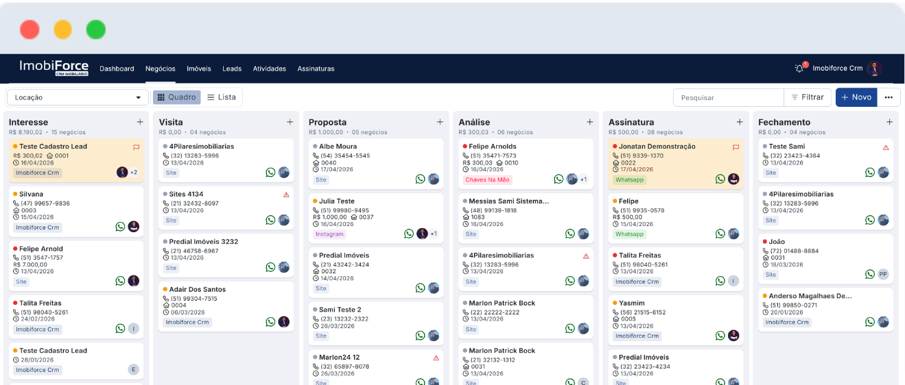 Tela do pipeline de negociações do ImobiForce com kanban visual